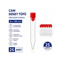 16x100 Mm Cam Deney Tüpü Dibi Konik Kapaklı 25 Adet Laboratuvar Test Tüpü