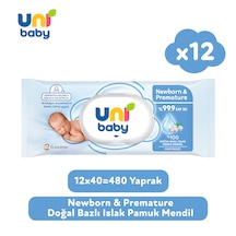 Uni Baby Newborn & Premature Yenidoğan Islak Pamuk Mendil 12x40 480 Yaprak 12'li Set