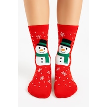 Saysez Unisex Yılbaşı Desenli Renkli Soket Çorap Christmas Happy New Year Kırmızı - Beyaz