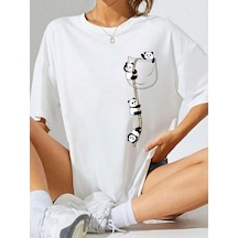 Flood Of Style Kadın Beyaz Sevimli Pandalar Baskılı Oversize