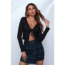 Angbutik Kadın Siyah Uzun Kollu Önden Bağlama Detaylı Crop Top Bluz