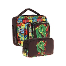 Kaukko Kids Erkek Çocuk Siyah Yeşil Gergedan Üç Bölmeli Thermo Beslenme Çantası Ve Kalemlik Seti L7263+l8263 Siyah - Yeşil