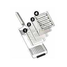 4 Bıçaklı Metal El Rendesi Mandolin Tipi Çok Amaçlı Rende Ve Dilimleyici, Peynir Sebze Meyve Doğrayıcı, Paslanmaz Çelik Gövde, Ergonomik Saplı Pratik Mutfak Aleti Krom