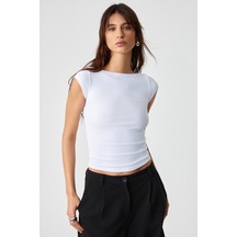 NOEMI Kadın Balerin Yaka Kısa Kol Slim Fit Ribanalı Beyaz Bluz