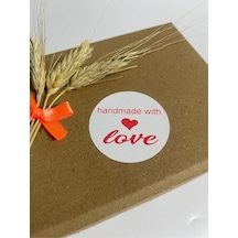 Handmade With Love Ortası Kalpli Kırmızı Yazı Yuvarlak Yapışkanlı Etiket 4x4 Cm 120 Adet