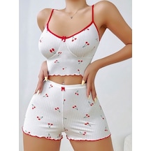 İkikareshop Kadın Vişne Desenli Dantel Askılı Şortlu Pijama Takımı 5193 Çok Renkli