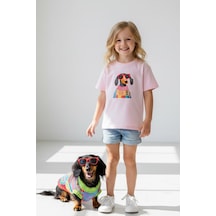 Monila Kız Çocuk Köpek Baskılı Pamuklu Bisiklet Yaka T-shirt Pembe