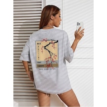 Flower Festival T-shirt - Gri Baskılı Oversize Bisiklet Yaka Kısa Kol Gri