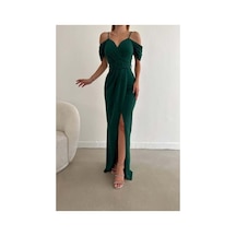 DefyModa Kadın Minimal Krep Kumaş V Yaka Yırtmaçlı Abiye Elbise Zümrüt