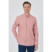 İmza Uzun Kol Çizgili Desen Armürlü Düğmeli Yaka Cepli Pamuklu Classic Comfort Fit Gömlek 1004250157 Pembe