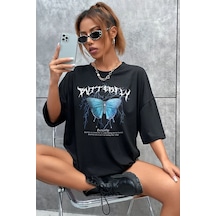 Uyguntarz Unisex Blue Butterfly Baskılı T-shirt Siyah