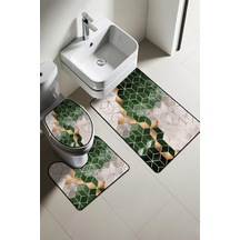 Modern Desenli Dijital Baskı 3 Lü Banyo Paspas Takımı Yıkanabilir Kaymaz Tabanlı Klozet Takımı Klz0013 Renkli
