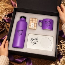 Bk Gift Kişiye Özel İsimli Mor Cam Suluk & Kahve Fincanı & Türk Kahvesi & Mdf Altlıklı - Hediye Kutulu Mor Set-4
