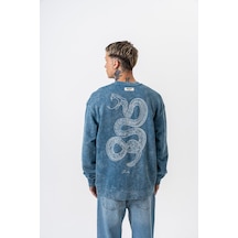 Respire Erkek Snake Nakışlı Yıkamalı Bisiklet Yaka Oversize Sweatshirt Petrol