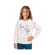 Onloox Kız Çocuk Ekru Kız Çocuk Ekru Pamuklu Bisiklet Yaka Regular Kalıp Fiyonk Ve Kalp Baskılı Sweatshirt 3 Yaş