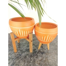 Bitki Tasarımı Ev Dekorasyon Dik Çizgi Desenli Terrakota Toprak Saksı İkili Set 3 Ayaklı- 4 Ayaklı-15 Cm