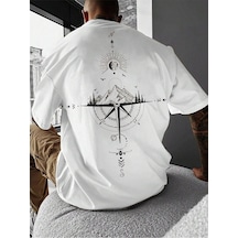 Pusula Süprem T-shirt - Beyaz Baskılı Oversize Bisiklet Yaka Kısa Kol Tişört Beyaz