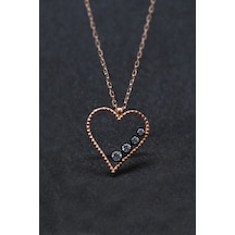 Kadın Montürlü Kalp Tasarım 925 Ayar Gümüş Kolye Rose Gold - Siyah