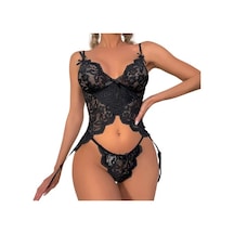 New Dreams Modern Dantelli Şık Elegant Tasarım Siyah Jartiyer Gecelik Set Siyah