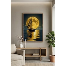 Doğal Ahşap Çerçeveli Altın Ay Deniz Manzarası Yelkenli Modern Duvar Tablosu Ahşap - 865057278 Ahşap