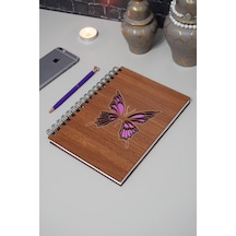 Kelebek Desenli Ahşap Defte Resim Defteri - Günlük - Çizgisiz Defter Ahşap Rengi Ceviz A5 Notebook