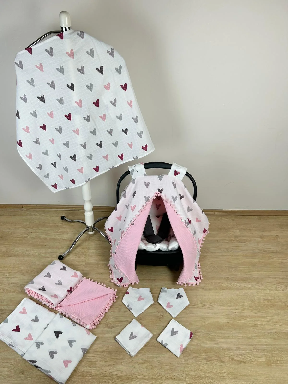 %100 Pamuk 9 Parça Çift Taraflı Muslin Set Bordo Kalp