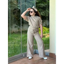 Trendimizbir Kız Çocuk Kolları Lastikli Kısa Kol Müslin Kumaş Bluz Ve Alt Gipeli Pantalon & Bandana 3'lü Set-5298-haki