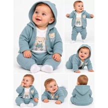 Veraura Lifestyle 0-12 Ay Ayıcık Nakışlı Kapşon Hırkalı Kısa Kol Bady Bebek Takımı Turkuaz