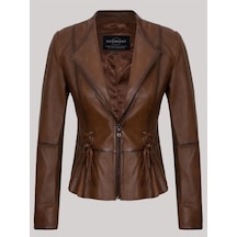 Hakiki Deri Kahverengi Bel Detay İşlemeli Fermuarlı Kadın Deri Ceket Kahverengi