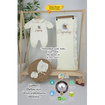 Gros Shop Müslin Yeni Doğan 4katlı Organik %100pamuk Kişiye Özgü Nakışlı Hastane Çıkış Seti Ayıcık Model 4 Ekru