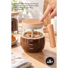 10 Adet Otomatik Karıştırıcılı Cam Kupa Şarjlı Kendini Karıştıran Fincan, Ahşap Görünümlü Kulplu, Ölçü Çizgili, Self-stirring Mug
