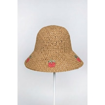 Mollycrush Kadın Camel Hasır İp Çilek Desenli Bucket Şapka Yazlık Trend El Yapımı Tasarım Camel