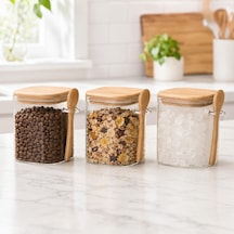 550 Ml Kaşıklı Cam Kavanoz 3'lü Set, Bambu Kapaklı Şeffaf Cam Saklama Kabı, Çay Kahve Şeker Baharat Kuruyemiş Kavanozu, Mutfak Düzenleyici Kaşıklı Baharatlık Seti Çok Renkli