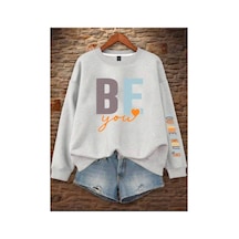 Herkesemoda Be You Baskılı Gri 2 İplik Şardonlu Bisiklet Yaka Sweatshirt Gri