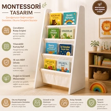 Montessori Çocuk Kitaplığı - Büyük Boy Ahşap Kitap Rafı - Yıkanabilir Paraşüt Kumaş Raflı - Çocuk Odası Kitap Düzenleyici Beyaz