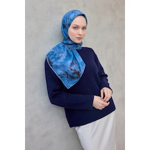 Silk Home Pamuk Polyester Soft Eşarp Yaprak Desen Mavi 90x90 Çok Renkli