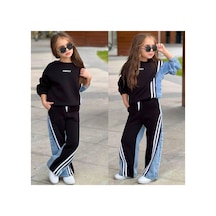 Uğur Bebe Bayramlık Kız Çocuk Kot Ve Pamuk Karışımlı Sweatshirt Kot Pamuk Detaylı Geniş Paça Pantolon Takım Siyah Mavi Siyah Mavi