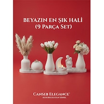 Premıum - 9 Parça Dekoratif Obje Set - Beyazın En Şık Hali 1 Adet Tealight Mum Hediyeli