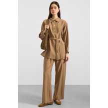 Olcay Metal Düğmeli Soft Kumaş Tunik Pantolon İkili Takım Kamel 9397-tk