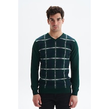 Arma Erkek Slim Fit Likralı Akrilik Kumaş V Yaka Kareli Kazak K0kro0860 Yeşil
