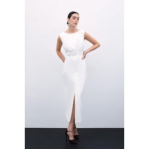 Sateen Kemerli Kalem Elbise - Ekru-135813 Ekru
