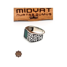 Zümrüt Taşlı Yaprak Motifli 925 Ayar Gümüş Erkek Yüzük 201024890 Gümüş