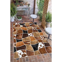 Deri Patchwork Desenli Baskılı Kaymaz Yıkanabilir Salon Oturma Odası Mutfak Antre Halısı Yolluk Kahverengi