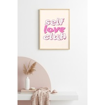 Doğal Ahşap Çerçeveli Retro Tablo - Self Love Club Pembe Tonlar Huhu2643