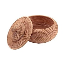 Bosphorusboutique02 Yuvarlak Rattan Sepet, Kapaklı Hasır Meyve Ekmek Kutusu, Rustik Atıştırmalık Kase Diğer