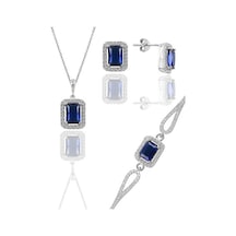 Gümüş Rodyumlu Safir Taşlı Baget Kesim Üçlü Set