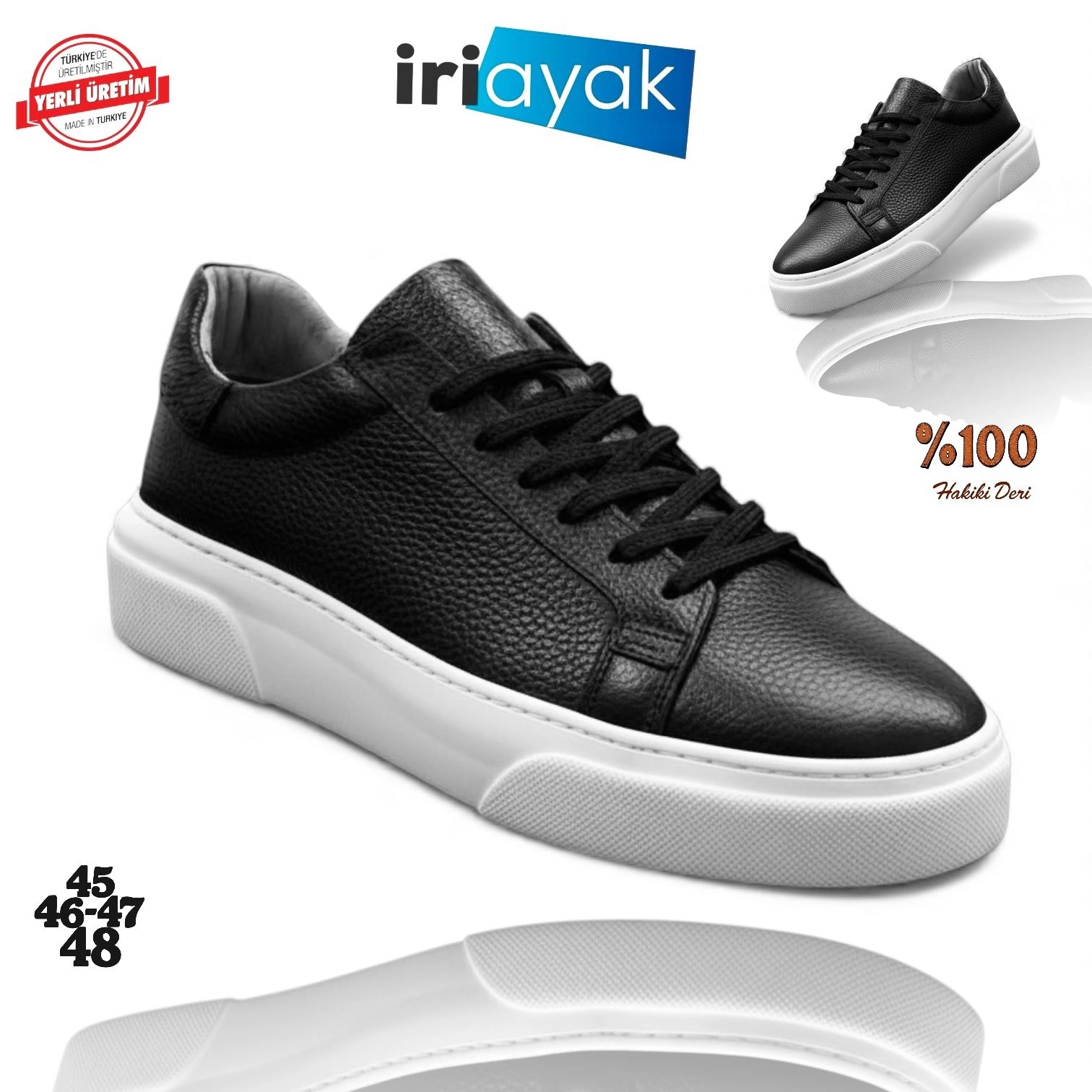 İriayak Büyük Numara Hakiki Deri 40-48 / Rahat Taban Casual Ayakkabı / Erkek - Günlük Kullanıma Uygun Siyah - Beyaz