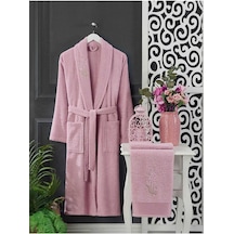 4 Parça Aile Bornoz Seti Kadın Erkek Havlulu Bornoz Takımı Pembe Gri 001