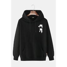 Unisex Siyah Kapüşonlu Kedi Baskılı Slim Fit Kanguru Cepli Sweatshirt Siyah