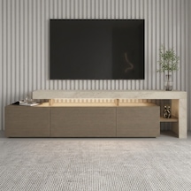 Beliz Modern Led Işıklı 3 Kapaklı, Raflı Tv Sehpası 192 Cm Traverten/sıcak Meşe